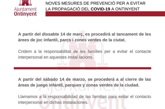 Ontinyent decreta també el tancament de parcs