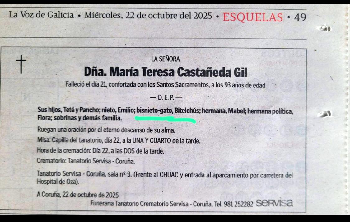 Esquela en la que aparece el bisnieto-gato Bitelchús